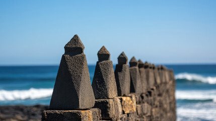 Tetrapod breakwaters line rugged coastline, providing protection against waves. unique shapes create striking visual against blue ocean and clear sky