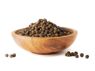 Black pepper in wooden bowl isolated on white background