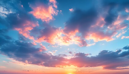 Obraz premium Sunset Sky With Colorful Clouds And Birds