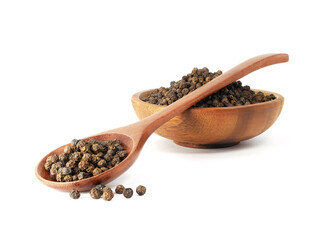 Black pepper in wooden spoon with bowl isolated on white background