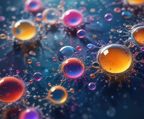 Oil droplets on water with abstract colorful background and many bubbles in a mesmerizing visual effect , reflection, ripples