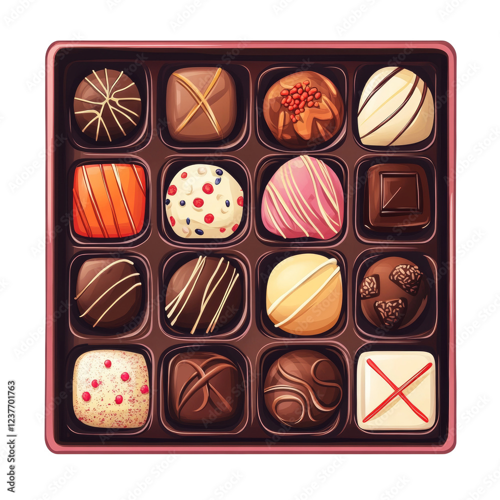 Poster a box of sixteen assorted chocolates, each with unique design and flavor, arranged neatly for giftin