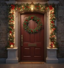 Obraz premium Ornate Christmas door with holly-patterned garland wrapped around the frame, Holiday decoration ideas, Winter holiday decor, Festive entrance decor