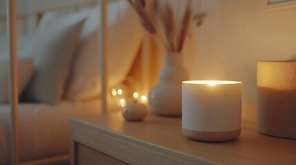 Lit candle on bedroom nightstand, calming ambience