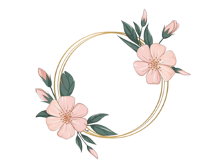 Elegant circular golden frame adorned with delicate pink flowers and buds, symmetrically arranged on both sides, isolated on transparent background PNG.