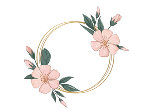 Elegant circular golden frame adorned with delicate pink flowers and buds, symmetrically arranged on both sides, isolated on transparent background PNG.