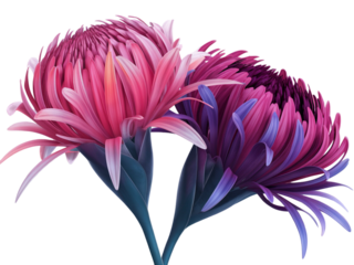 Two vibrant pink and purple flowers with intricate details, elongated stems, and vivid colors, positioned closely, isolated on transparent background PNG.