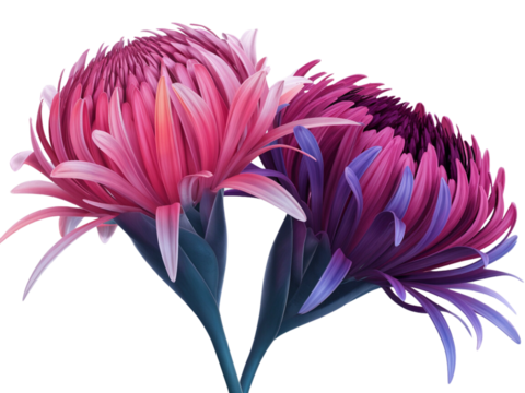 Two vibrant pink and purple flowers with intricate details, elongated stems, and vivid colors, positioned closely, isolated on transparent background PNG.