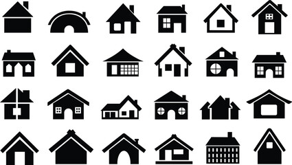 Fototapeta premium House building icons in flat set. Home icon collection. Real estate. houses, buildings symbols sign in different shapes design vector for apps and websites isolated on transparent background.