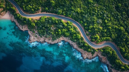 Aerial view of a winding road along a vibrant coastal landscape.