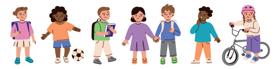 Set of diverse children in casual outfits, playing, talking, and holding hands. Flat cartoon characters, students vector illustrations with backpacks and books, kids with bicycle, and soccer ball