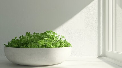 Fototapeta premium Fresh green microgreens in a white ceramic bowl sit on a sunny windowsill in a bright minimalist room.