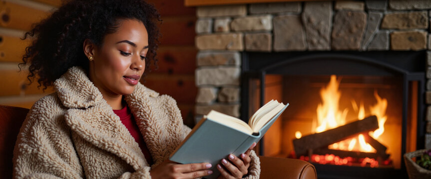 Young black woman reading by cozy fireplace in rustic cabin, relaxation