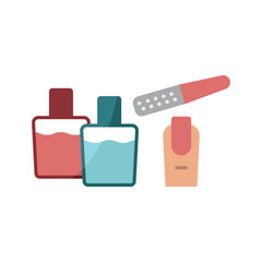 Nail polish bottle and nail file set beauty salon icon in flat style, featuring a sleek nail polish bottle and a smooth nail file, perfect for manicure and beauty themes.