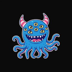 Playful Blue Octopus Monster with Multiple Eyes Cartoonish Illustration