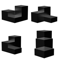 3d render 3 boxy podiums in 4 positions. Black color
