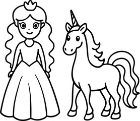 Cute princess and a unicorn silhouette vector illustration, princess and a unicorn line art vector, princess and a unicorn vector icon design