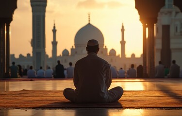 A Muslim man is praying in the mosque with other people. They are wearing white and blue . In front of him, there is an empty space for advertising, with beautiful Islamic architecture. 