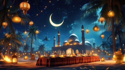 Festive Ramadan dinner, desert mosque backdrop, night celebration