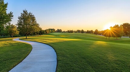 Obraz premium Sunrise path, golf course, scenic walk, summer morning, real estate