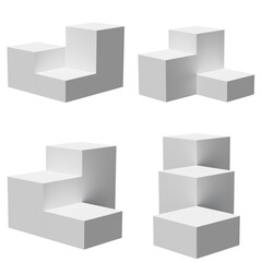 3d render 3 boxy podiums in 4 positions. White color.