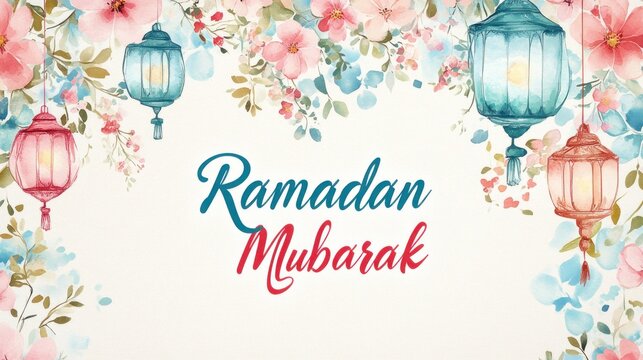 Ramadan Mubarak floral lanterns greeting card