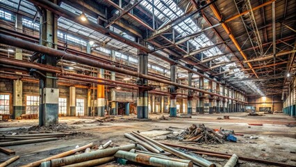 Industrial warehouse interior with exposed pipes, worn metal beams, and scattered debris in a state of neglect, pipes, hazardous, weathered, industrial, red