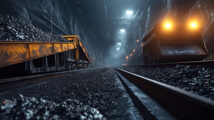 Obraz premium Coal mine train transporting ore through dimly lit tunnel