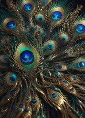 Obraz premium intricate peacock feathers in a fractal-like pattern with shimmering effects, cosmic vibes, otherworldly atmosphere