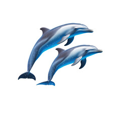 Fototapeta premium Two Dolphins Leaping Through Water, Dynamic Duo Underwater