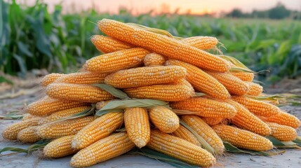 Harvested corn pile sunset field agriculture