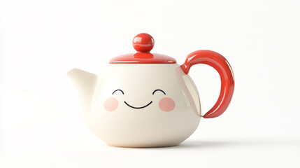 Cartoon kettle with a happy smiling face and red lid and handle isolated on white