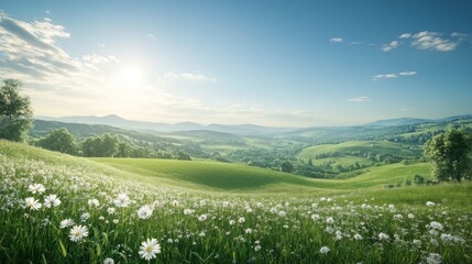 Sunny mountain meadow daisies sunrise pastoral landscape