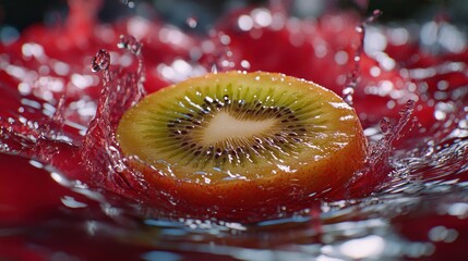 Kiwi splashing in red liquid, close-up, vibrant background, beverage advertisement