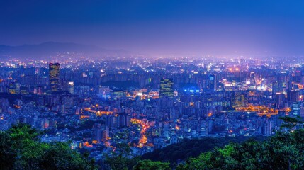Obraz premium Night city skyline panorama, hilltop view, twilight, mountains, urban sprawl, travel