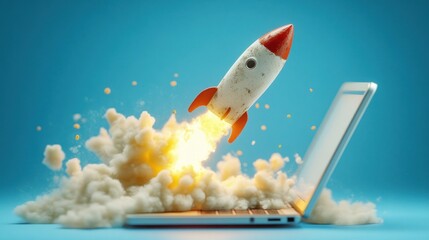 Fototapeta premium Rocket launching from laptop, symbolizing innovation and growth
