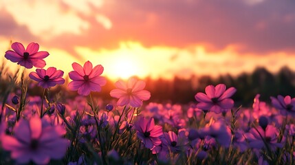 Fototapeta premium A brilliant sunrise over a field of blooming flowers vibrant in pink and purple hues symbolizing the growth and resilience of women across the world