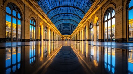 Elegant arcade interior reflecting sunrise, city view