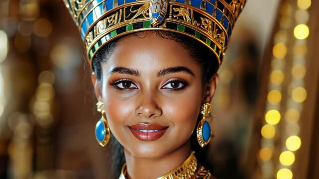 woman wearing ancient Egyptian attire at historical site with hieroglyphic on wall	
