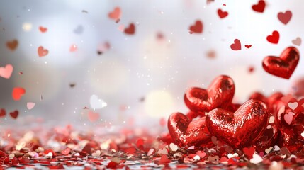 A scattering of red heart confetti on a white and transparent background, perfect for Valentine's Day celebrations or romantic designs.