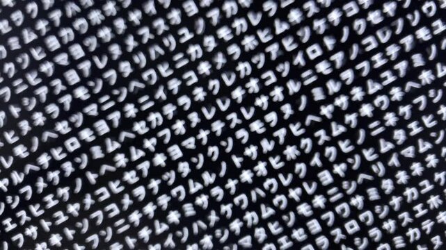 ピンボケ・コンピュータ空間のランダムな文字列・さまざまな文字を含むデータベース・エンコードされたプログラム内のデータセット・数学的計算・大規模言語モデル・機械翻訳・カタカナ・日本語・横長・ビデオ