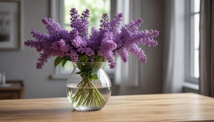 Fototapeta premium Lilac flowers in a clear glass vase on a modern wooden table, lilac vase, modern home decor, botanical art