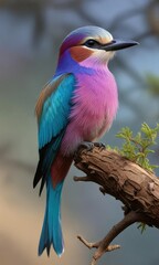 Obraz premium Lilac breasted roller in profile on a tree branch, beauty, feathers, beak, plumes, wildlife conservation