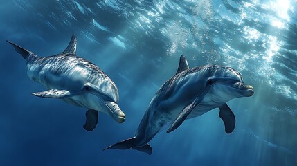 Obraz premium A scuba diver enjoying the rare experience of swimming next to a playful pod of dolphins, their speed and agility enhancing the thrill of the underwater journey