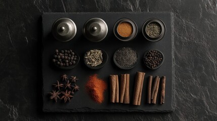 Assorted spices arranged on slate, dark background, food photography, recipe website