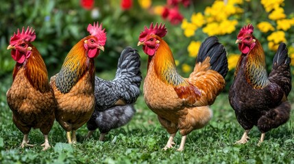 Fototapeta premium Colorful roosters garden spring farm poultry
