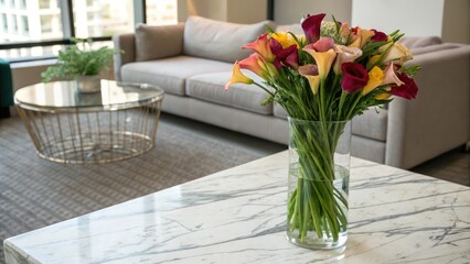 Long-stemmed flowers in a vase on a marble coffee table, interior design, bedroom, long stem flowers, marble, fresh cut flowers