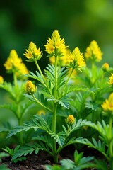 Low-growing artemisia absinthium bush with yellow flowers, green foliage, , shrub