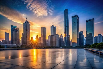Fototapeta premium Low-key photograph of a sleek, modern cityscape at dusk with the sun hiding behind tall skyscrapers, nightfall, black background, urban, modern, low-key