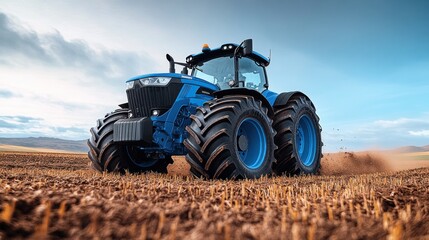 Obraz premium Blue tractor plowing field, sunset, agriculture